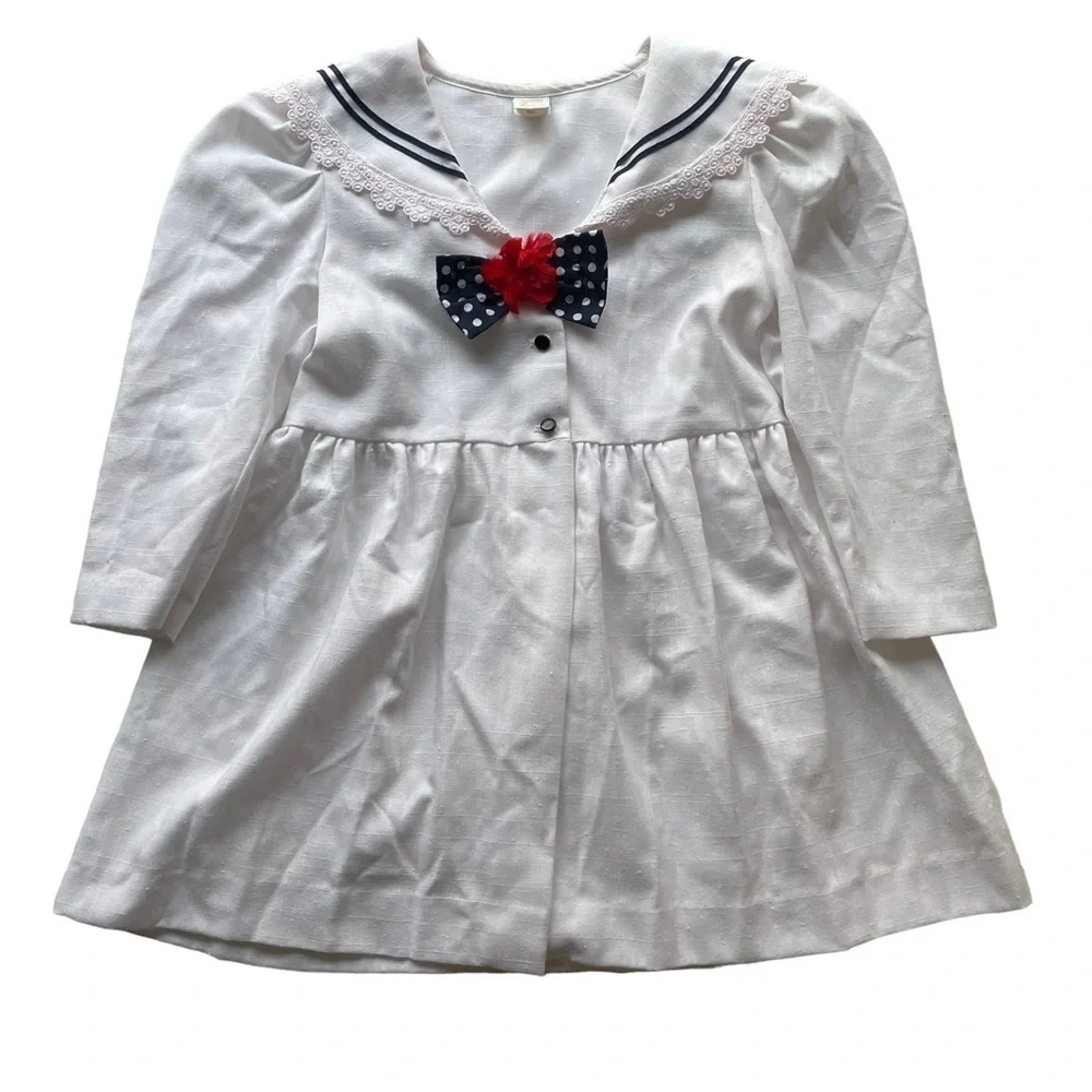 Vintage Just Adorable Sailor Dress White Navy Blue Size 6X Nautical Lace lapel